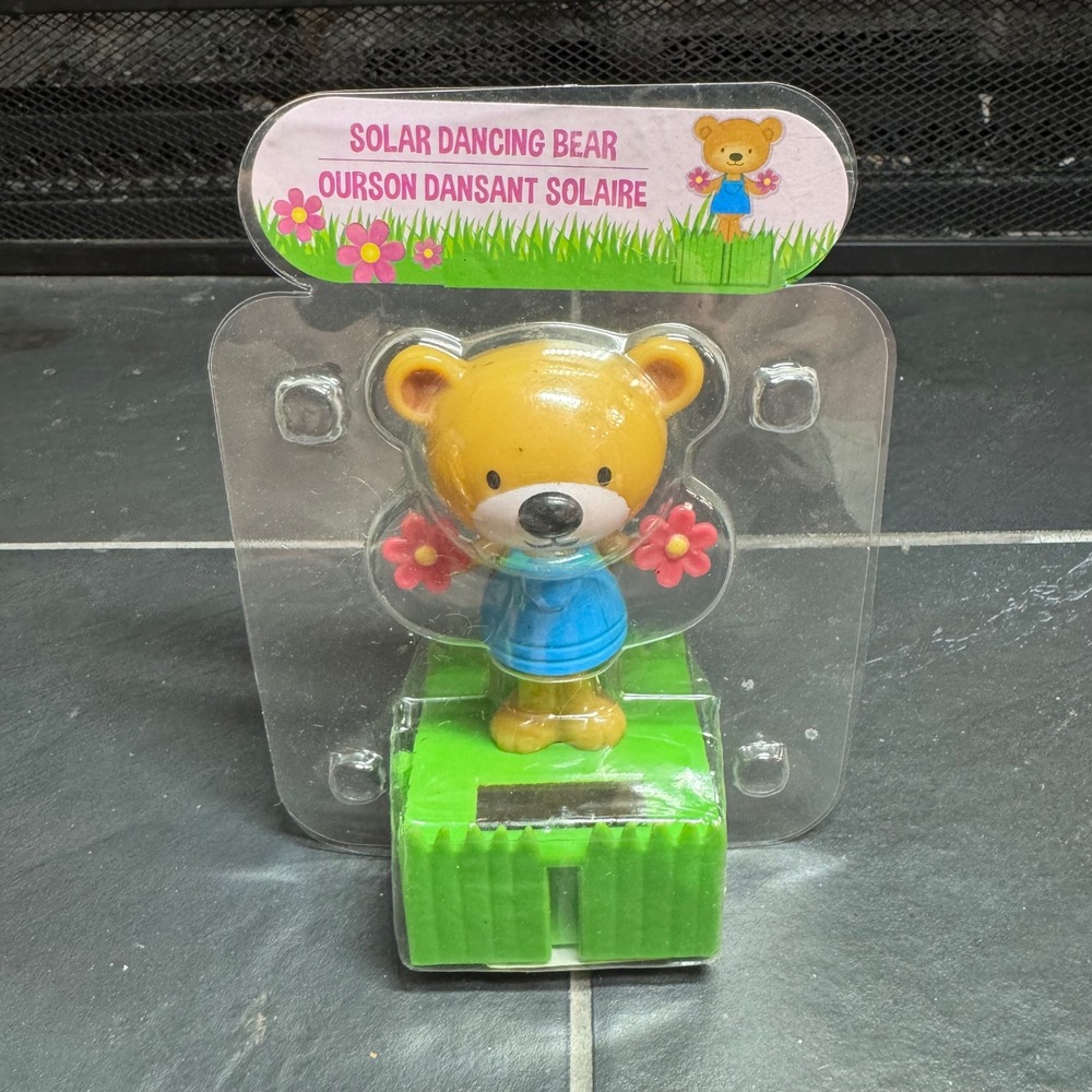 Solar Dancing Bear Yellow Figurine Blue Shirt‎ Pink Flowers Novelty Decor New
